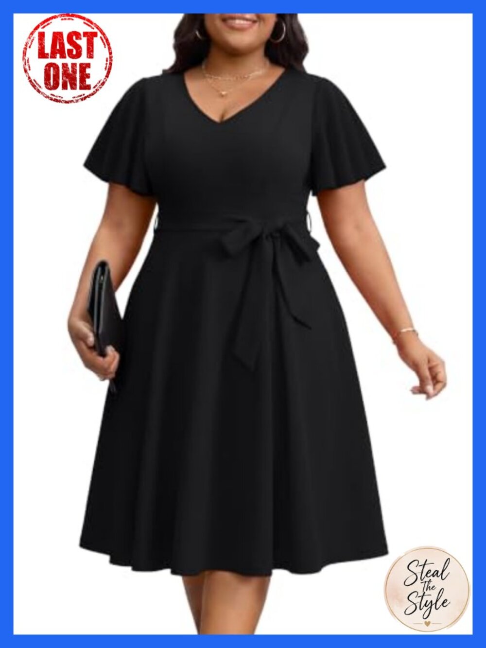 Plus Size V-Neck Ruffle Sleeve Knee Length Dress with Pockets